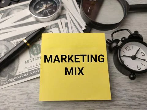 The image displays a conceptual background focused on the Marketing Mix Stock Photos