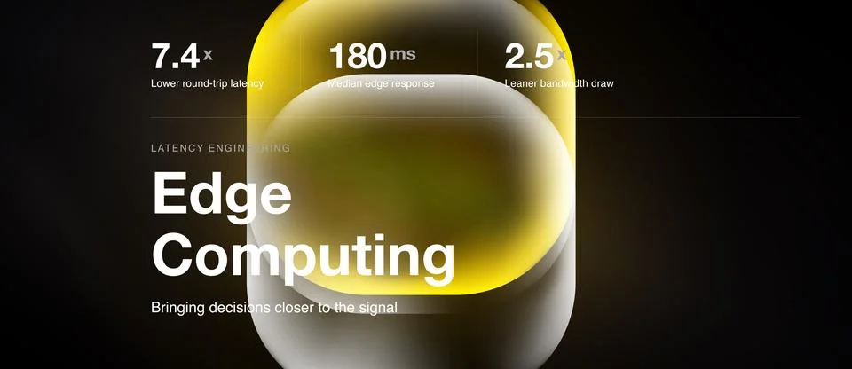 Image displays edge computing concept. Metrics highlight latency reduction, Stock Illustration