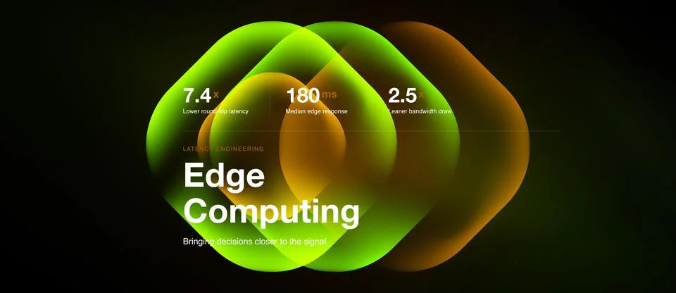Image displays edge computing concept. Metrics highlight latency, response .. Stockillustratie