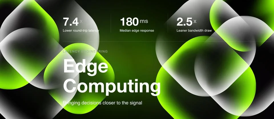 Image displays edge computing concept. Metrics highlight latency, response .. Stock Illustration