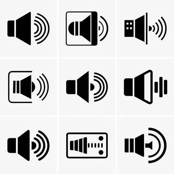 The image displays a grid of nine speaker icons, each uniquely designed to re Stock Illustration
