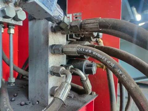 The image displays a hydraulic system component, likely a manifold or valve.. Stock Photos