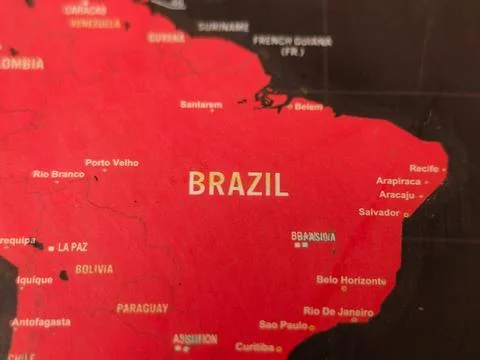 The image displays a map section focusing on Brazil and some of its cities Stock Photos