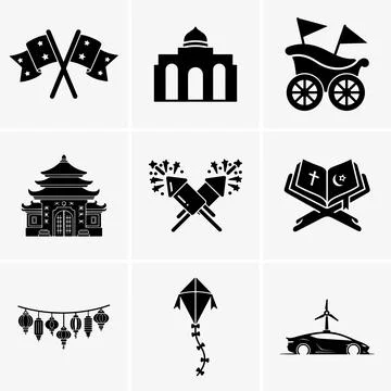 Image displays nine black vector icons crossed flags with stars, a mosque, a Stock Illustration