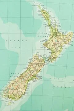 The image displays a sectional map of New Zealand, showing its main islands N Stock Photos