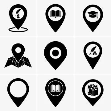 This image displays a set of black map marker icons against a white backgroun Stock Illustration