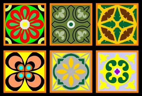 The image displays six different square-shaped, colorful mosaic tiles. 스톡 일러스트