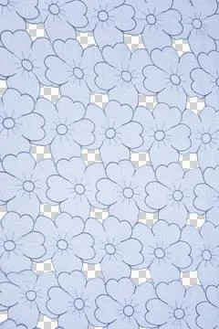 The image displays a white fabric with a repeating pattern of stylized flower Stock Photos