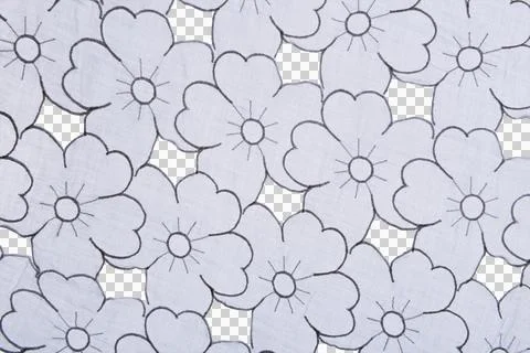 The image displays a white fabric with a repeating pattern of stylized flower Fotos de archivo