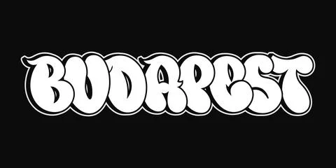 This image displays the word Budapest in a bold, bubble-style font with a bla Stock Illustration