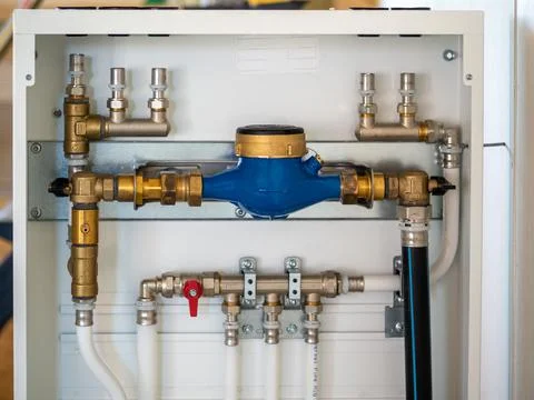 Image of Distributor of central heating. Warm floor heating pump and pipes Stock Photos