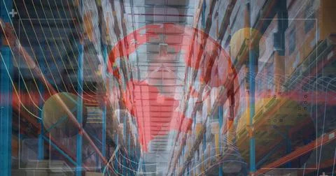 Image of diverse data and globe over warehouse Stock Illustration