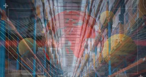 Image of diverse data and globe over warehouse Stock Illustration