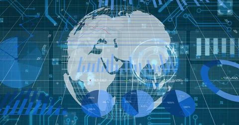 Image of diverse data and graphs over rotating globe Stock Illustration