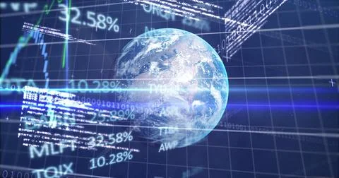 Image of diverse data and graphs processing over globe in navy digital space イラスト素材