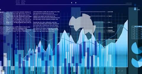 Image of diverse data and graphs on digital screen Stock Illustration