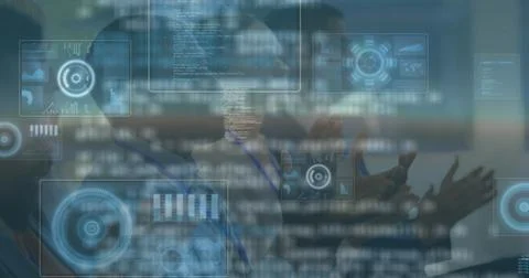 Image of diverse data on digital screen over diverse businesspeople clapping Stock Photos