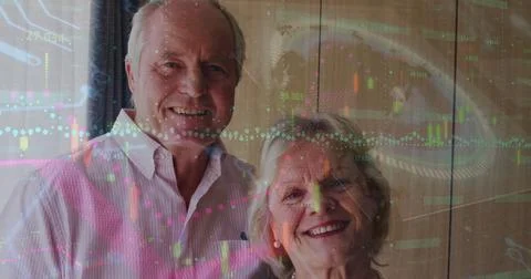 Image of diverse data over caucasian senior couple smiling at camera Fotos Stock