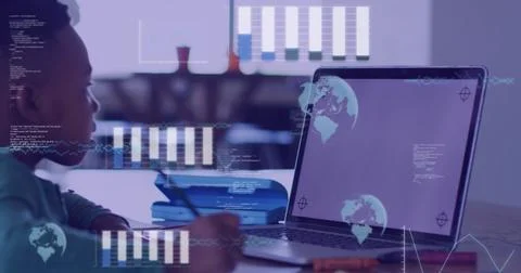 Image of diverse data over happy african american boy using laptop with copy 스톡 일러스트