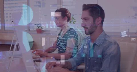 Image of diverse data over smiling caucasian male and female businessman working Stock Illustration