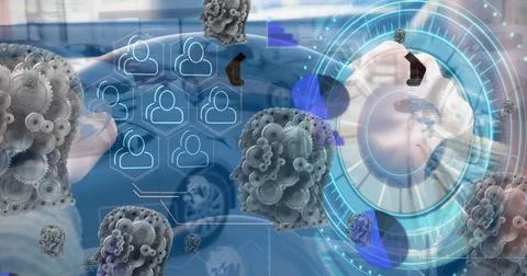 Image of diverse data, processing circle and gears over cars Stock Photos