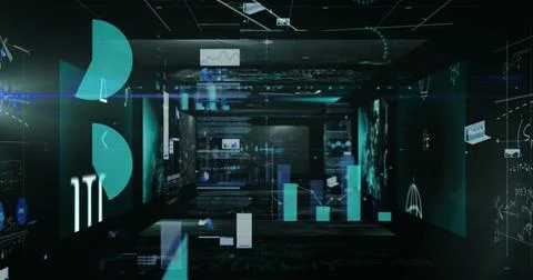 Image of diverse graphs and data moving in black space Stock Photos