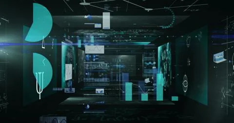 Image of diverse graphs and data moving in black space Stock Photos