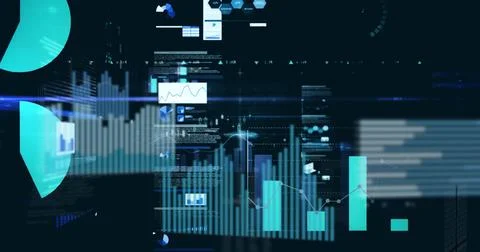 Image of diverse graphs and financial data on black background Stock Illustration