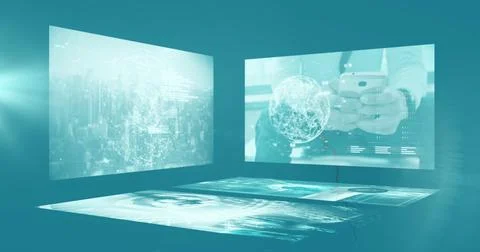 Image of diverse security data on digital screens on green background Illustrazione stock