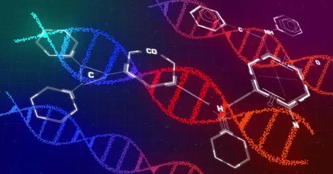Image of dna and chemical structures against purple gradient background Stock Illustration
