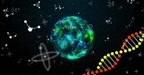 Image of dna and data processing over globe on black background 스톡 일러스트