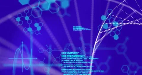 Image of dna and data processing over blue background Stock Illustration