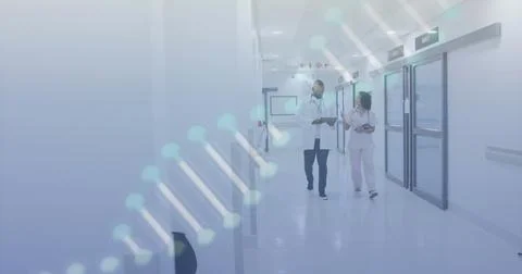 Image of dna and data processing over diverse doctors in hospital Stock Photos
