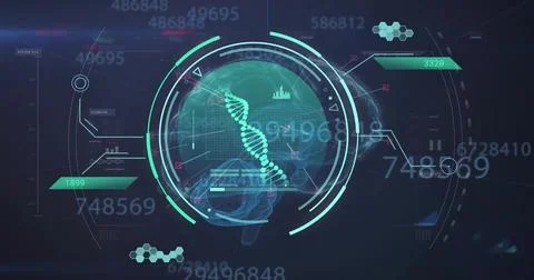 Image of dna and scanner over network and processing data Stockillustratie