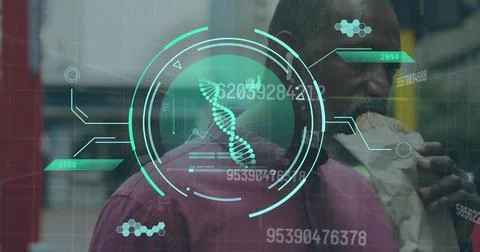 Image of dna and scanner with processing data over african american man eating Stock Photos