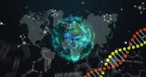 Image of dna and scientific data processing over globe and world map on black Stock Illustration