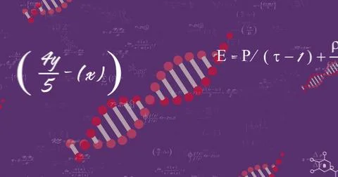 Image of dna chains and mathematical equations on purple background Stock Photos