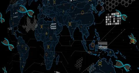 Image of dna, data and world map on black background Stock Illustration