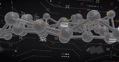 Image of dna network of connections and molecules on black background Stock Illustration
