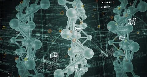 Image of dna network of connections and molecules over data processing on black Stock Illustration
