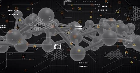 Image of dna network of connections and molecules on black background Stock Illustration