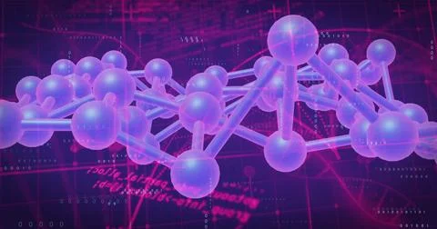 Image of dna network of connections with data processing and molecules on black Stock Illustration