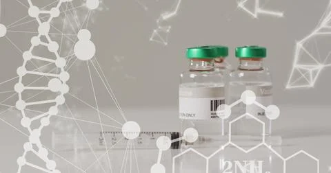 Image of dna, networks and elements over syringe and vaccine vials on grey Fotos Stock