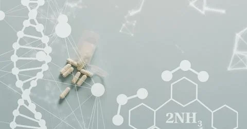 Image of dna, networks and elements over pills on grey background 스톡 사진