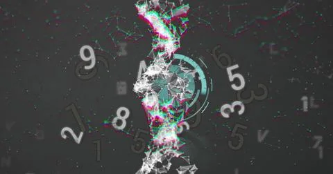 Image of dna, numbers, clock and connections on black background Stock Illustration