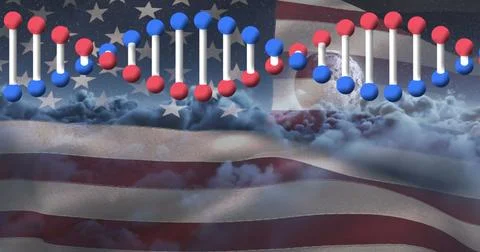 Image of dna over american flag and clouds Stock Illustration
