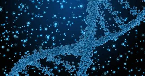 Image of dna over blue dots on navy background Foto stock