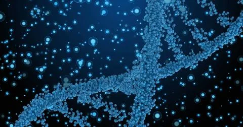 Image of dna over blue dots on navy background Photos