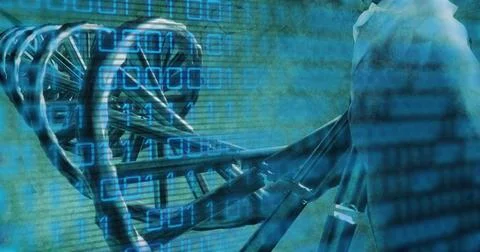 Image of dna rotating over binary code on green background 스톡 일러스트