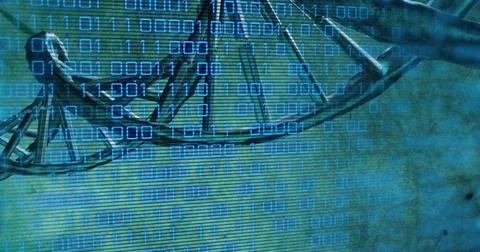 Image of dna rotating over binary code on green background イラスト素材